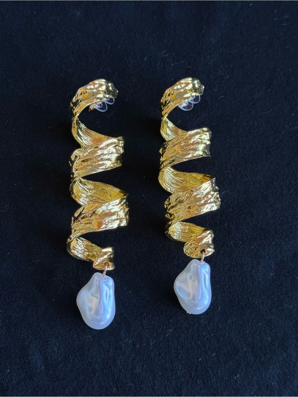 Schiaparelli Inspired Gold Spiral Drop Earrings with Baroque Pearl Accent
